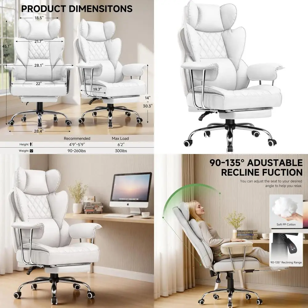 

Эргономичное офисное кресло с высокой спинкой, поясничной поддержкой, подставкой для ног и регулируемыми подлокотниками, белое