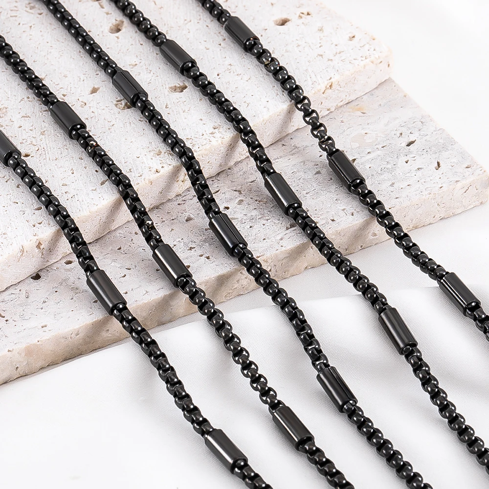 

2M 1M 0.5M Hip Hop Black PVD Stainless Steel Box Tube Cable Beaded Chains DIY Men Necklace Jewelry Making Bracelet Supplies Bulk