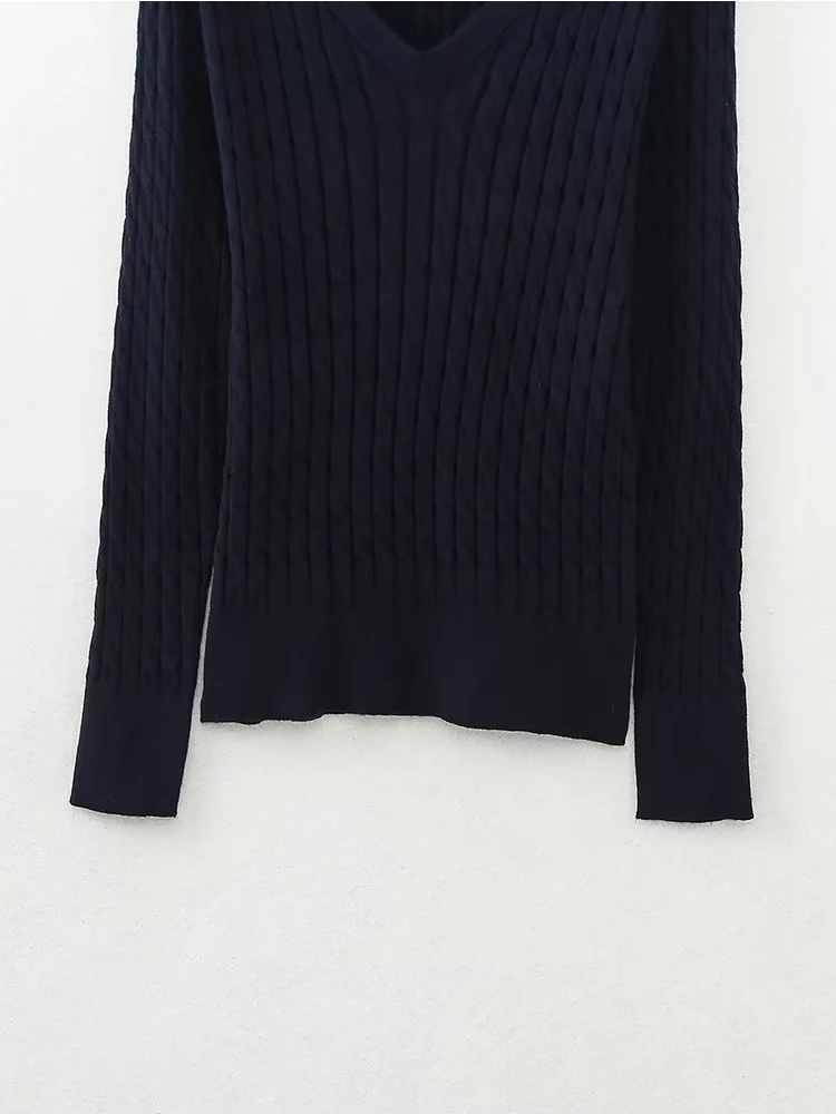 Autumn Women Vintage Navy Blue Long Sleeve V Neck Cable Knit Sweater