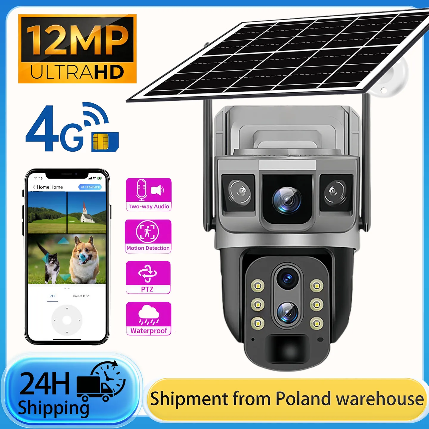 Caméra PTZ V380 à 3 objectifs, étanche IP66, caméra de surveillance solaire extérieure sans fil, audio bidirectionnel, suivi automatique, carte SIM 4G, caméra CCTV avec stockage cloud, suivi automatique, alarme et vision nocturne couleur, alerte par e-mail, lecture vidéo, visualisation à distance