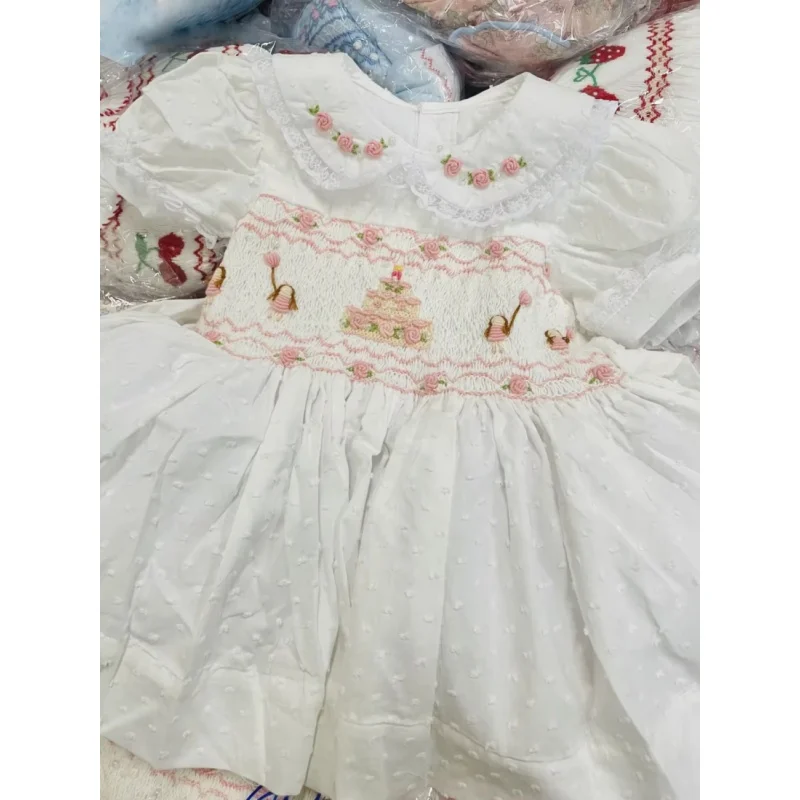 0-12 Year Summer White Hand Smocked Cake Embroidery Baby Girl Princess Gown Dress for Birthday Party Photography A340