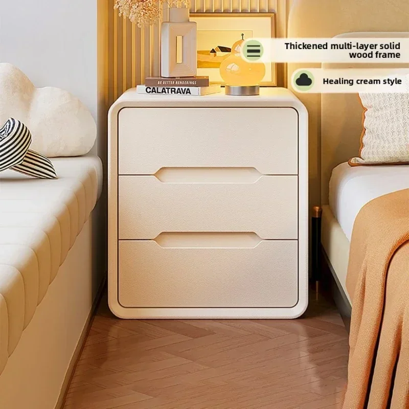 Factory Minimalist Cream Wind Solid Wood Paint Bedside Table Bedroom Three-layer Bedside Storage Cabinetsturdy And Durable