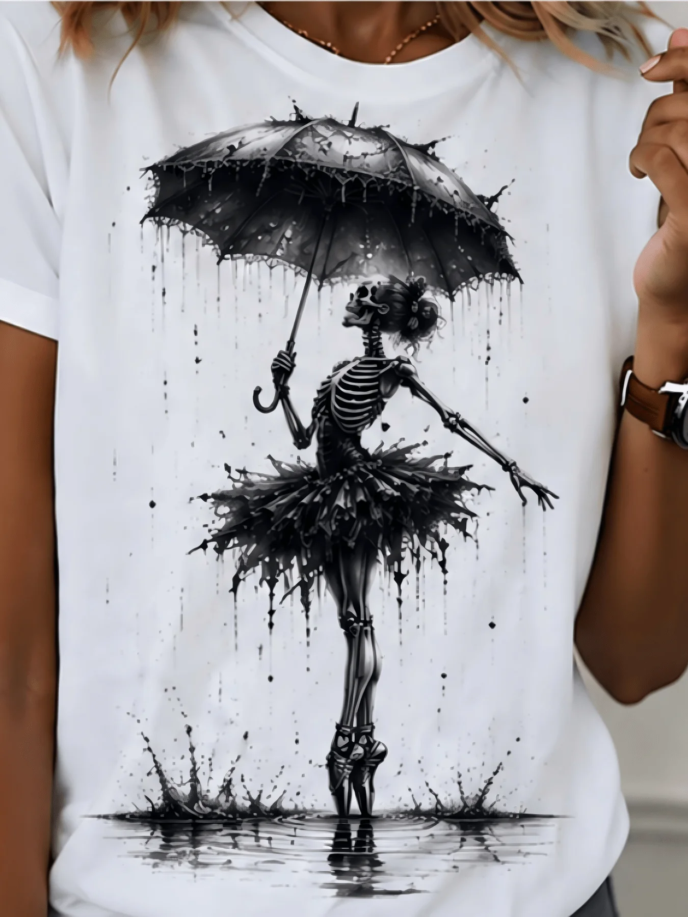 Men' & Women' Gothic Skeleton Ballerina T-Shirt - Suitable for Casual Wear & Halloween, Short Sleeve Round Neck Tee with Black Tutu & Bone Pattern, Machine Washable Ballet Dancer Design for Year-Round Outfits