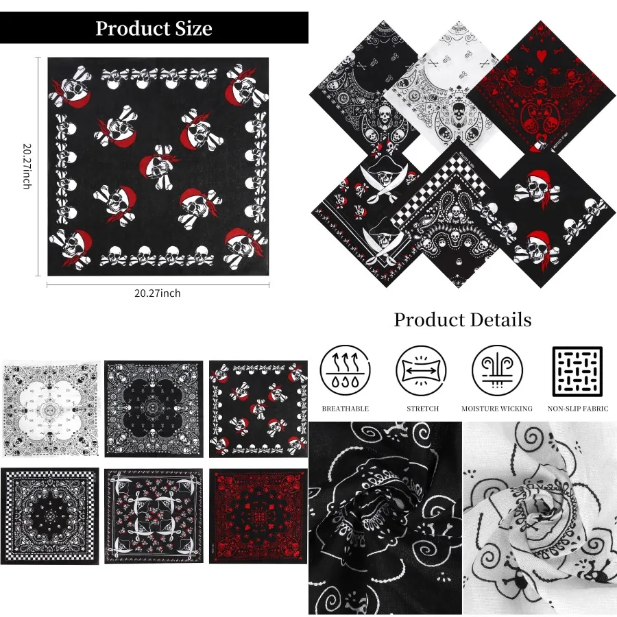 100 قطن باندانا قرصان للرجال - منديل بتصميم جمجمة لحفلات القراصنة وعصابة رأس رياضية للمغامرة الخارجية كاجوال