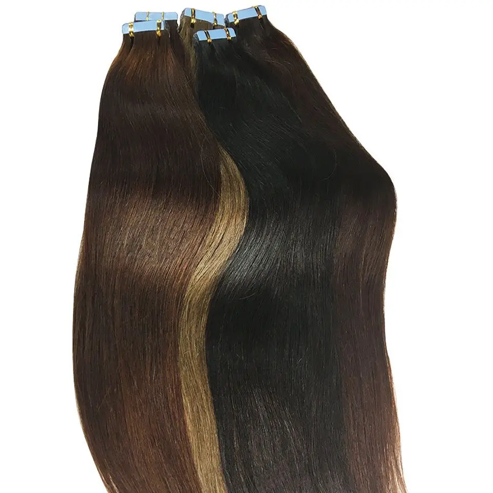 Cinta en extensiones de cabello humano 100% Remy Natural, extensiones rectas de 16-26 pulgadas, adhesivo de trama de piel sin costuras para mujer