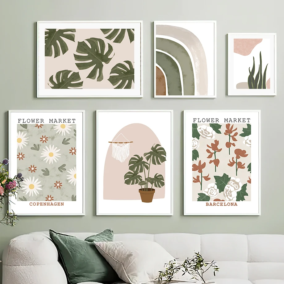 Boho Abstract Flower Market Wall Art Mural Daisy Print Monstera Rainbow Canvas Painting Posters Pictures Living Room Home Decor