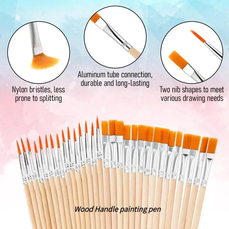 20/50/100 Pcs Wood Handle Painting Brushes Set Art Round Flat Hair Nylon Hair Paint Brush For Acrylic Watercolor