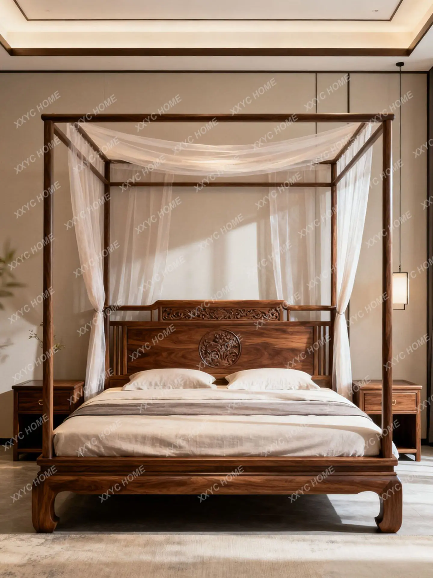 New Chinese-style North American black walnut shelf bed minimalist four-poster bed