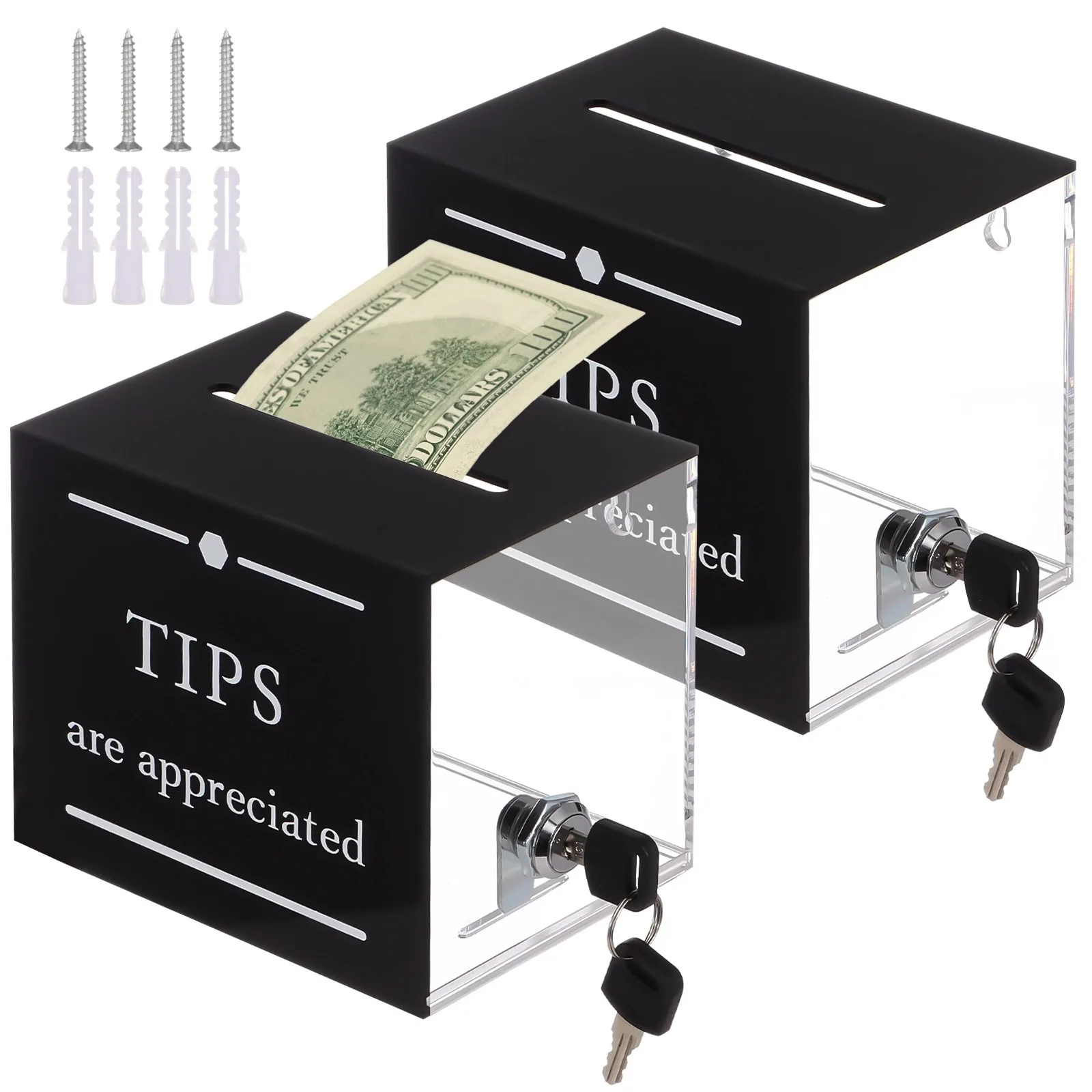 2Pcs/Set Acrylic Tip Jars Tip Collection Boxes With Locks Donation Suggestion Boxes Storage Containers For Money Raffling Boxes