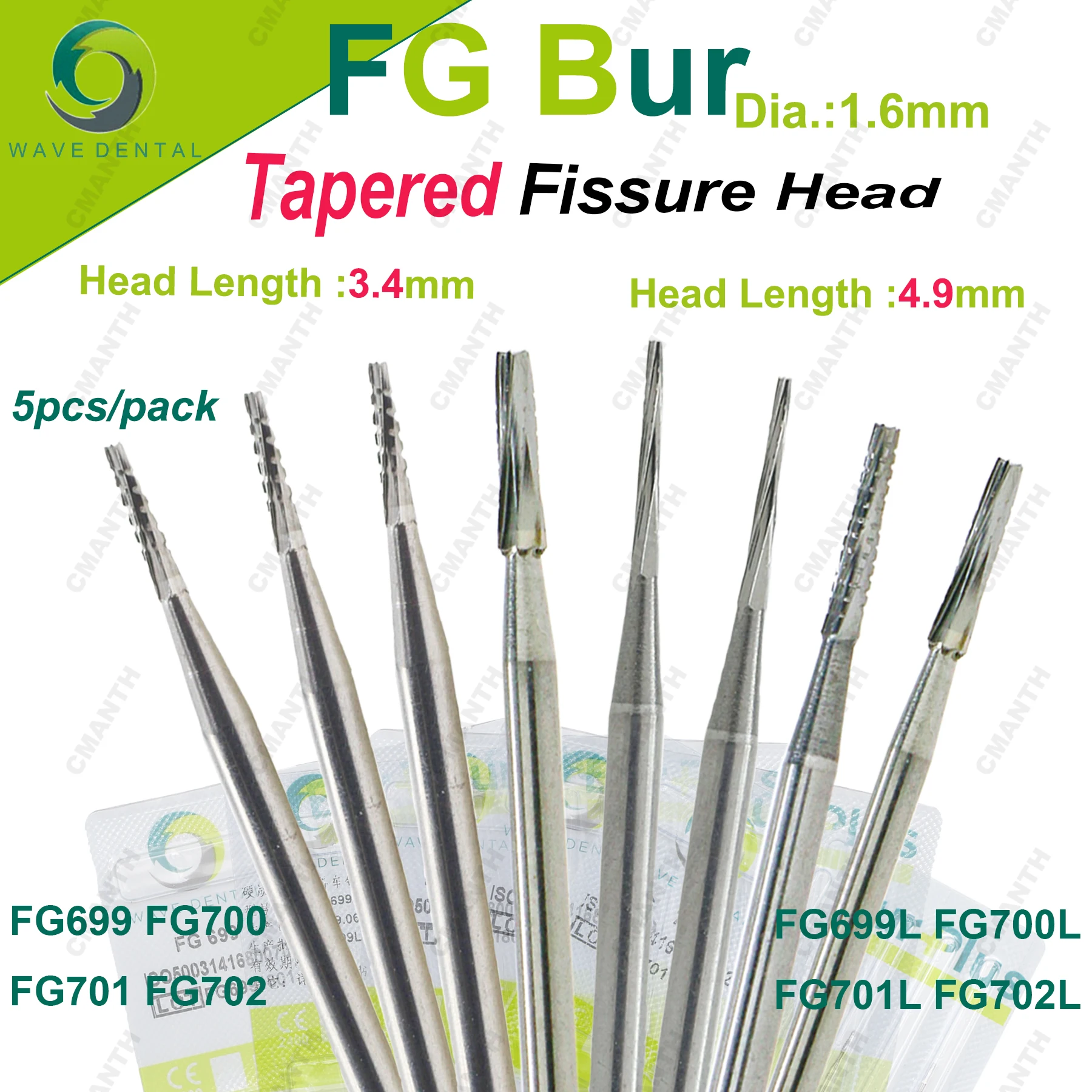 

PRIMA WAVE Dental Burs Tungsten Carbide Burs FG Tapered Fissure Head Dentistry Drill For High Speed Turbine Handpiece