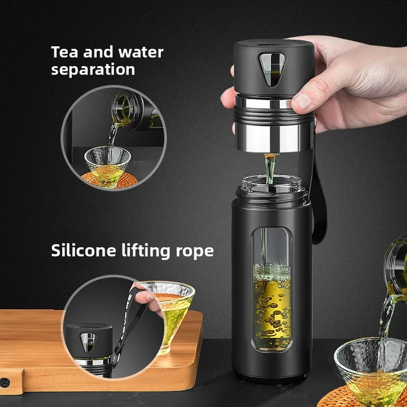 Double Wall Insulated Glass Tea Cup Tea Water Separation Design Men Personal Drinking Mug For Office Daily Use