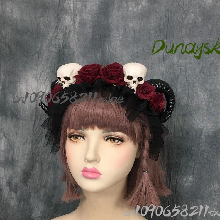 Skeleton Dark Gothic Sheep Horn อะนิเมะคอสเพลย์เครื่องแต่งกายประสบการณ์ฮาโลวีนแปลกยุ้ย jirai kei สยองขวัญฮาโลวีน cos