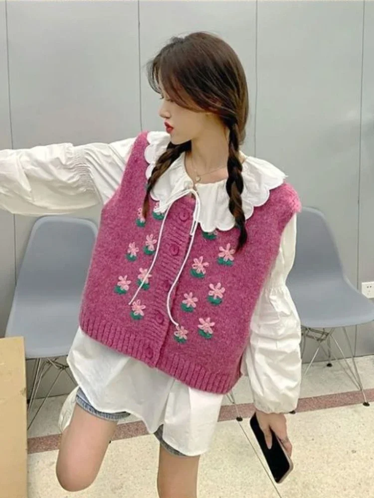 Vintage Lovely Sweater Vests Girl Gentle Cozy Embroidery Prairie Chic O-neck Students Sweet Design  Y2k Preppy All-match