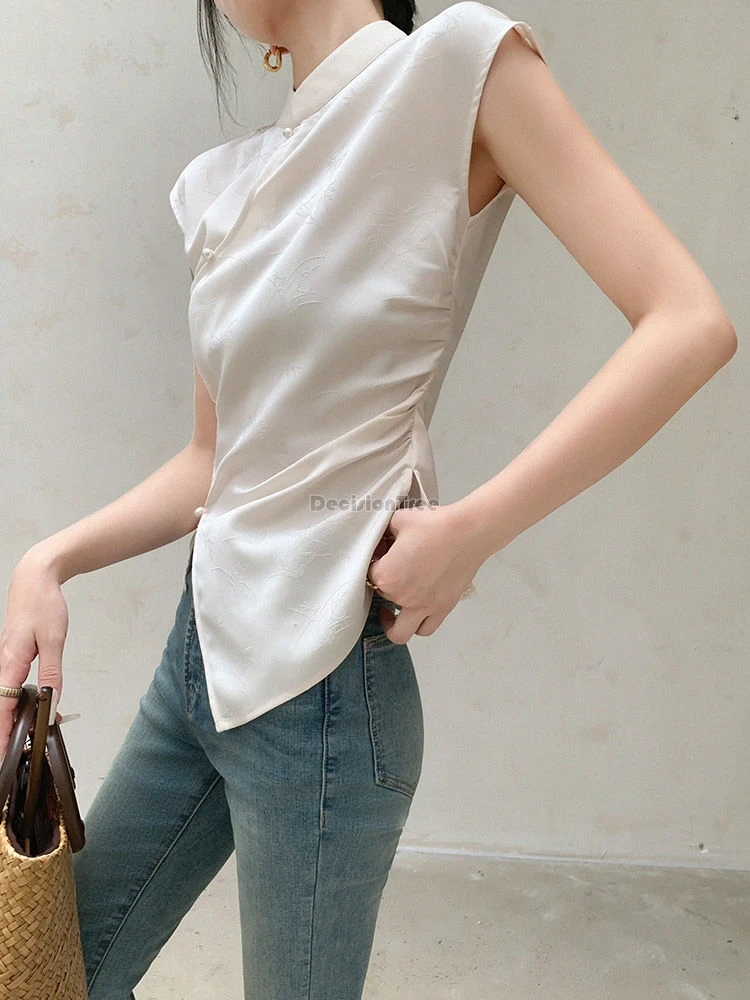 2024 new chinese style stand collar sleeveless irregular hem design t-shirt women's summer slim-fit fashion daily cheongsam top