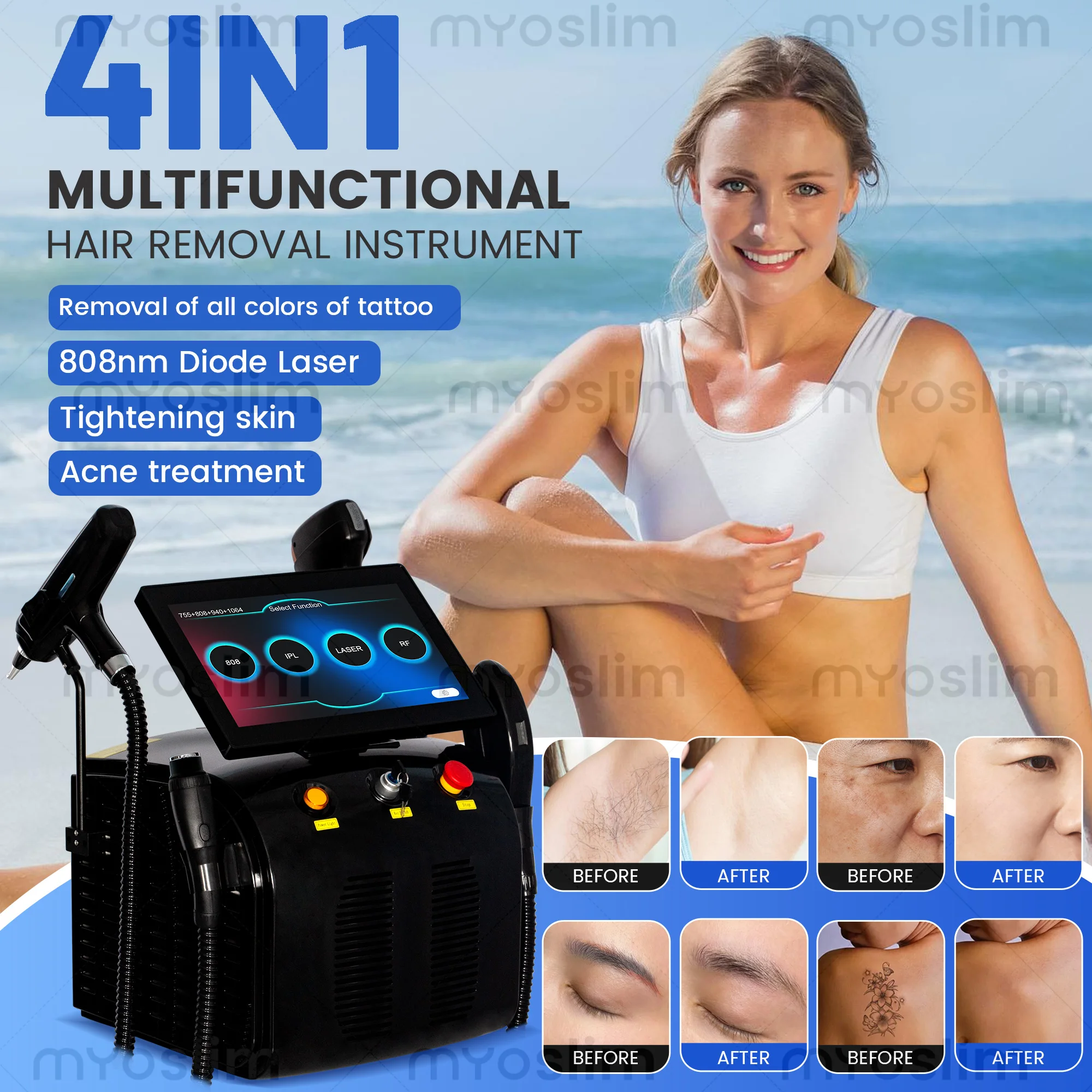 

4500W High Power 4 In 1 Beauty Machine 808 Diode Laser Pico DPL RF for Permanent Hair Removal Tattoo Cleaning & Skin Lift