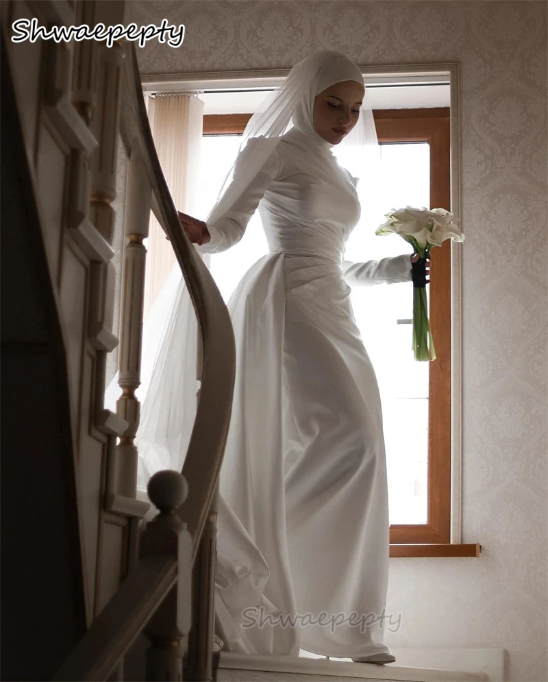 فستان زفاف إسلامي متواضع برقبة عالية وأكمام طويلة من الساتان الأبيض فستان زفاف مخصص أنيق فستان رسمي للعروس الإسلامية #3