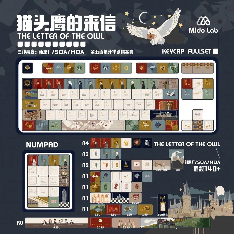 

Letters Via Owl Post Theme Keycaps Set PBT Sublimation Cherry/MOA/SOA Profile Keyboard Caps for Mechanical Keyboard Accessories