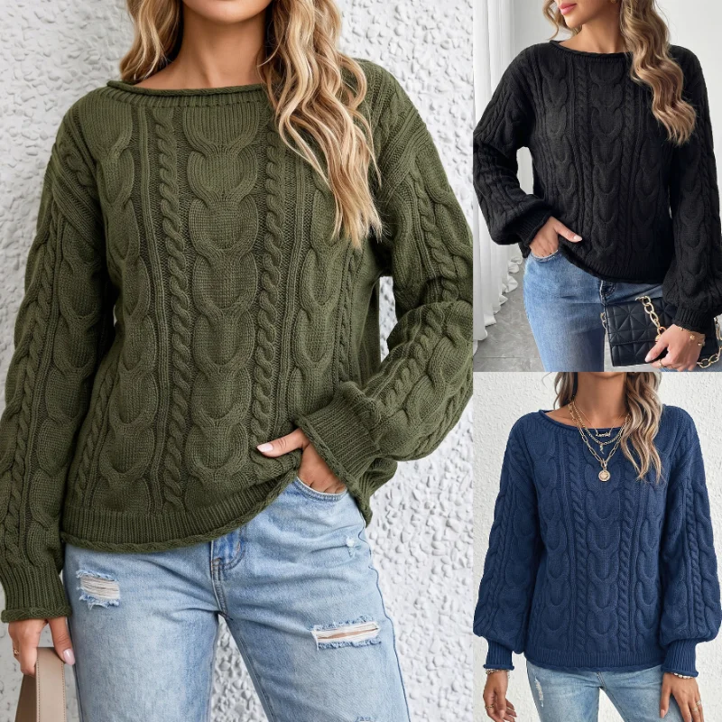 Women Boat Neck Cable Knit Oversized Pullover Sweater Autumn Winter Casual Jumper