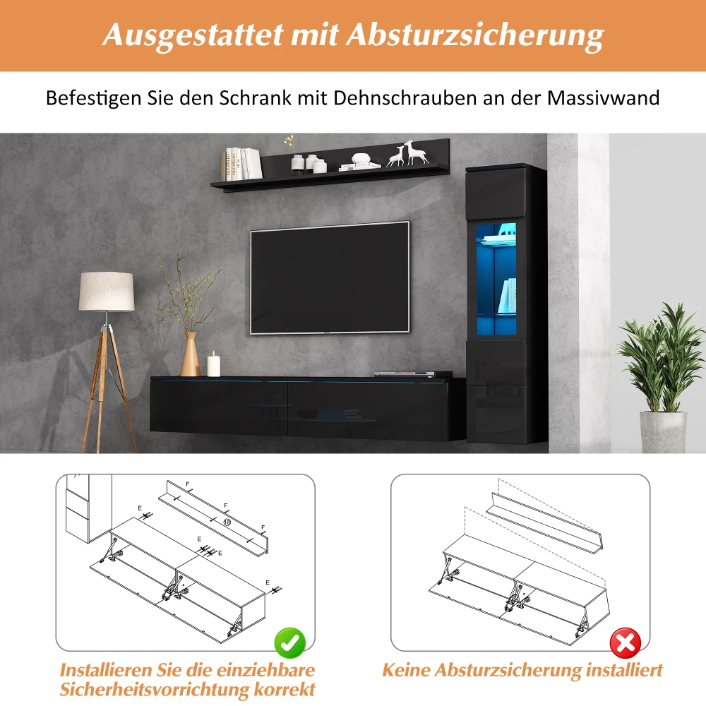 3-teiliges TV-Wohnzimmer-Wandset mit LED-Beleuchtung, Hochglanz-Möbelset, TV-Schrank, Vitrine und Hängeregal, für Fernseher bis zu 80 Zoll – Detail 17