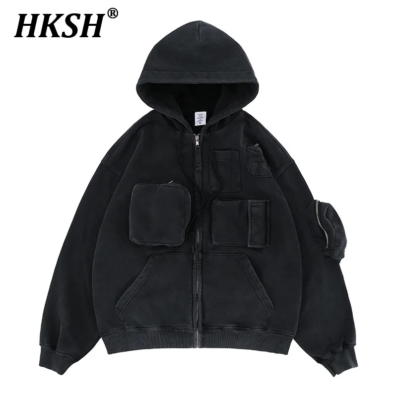 HKSH Men's Streetwear 2024 Autumn Winter New Trendy Brand Multi Pockets Zipper Cardigan Hoodies Fashion Chic Jacket Women HK3161