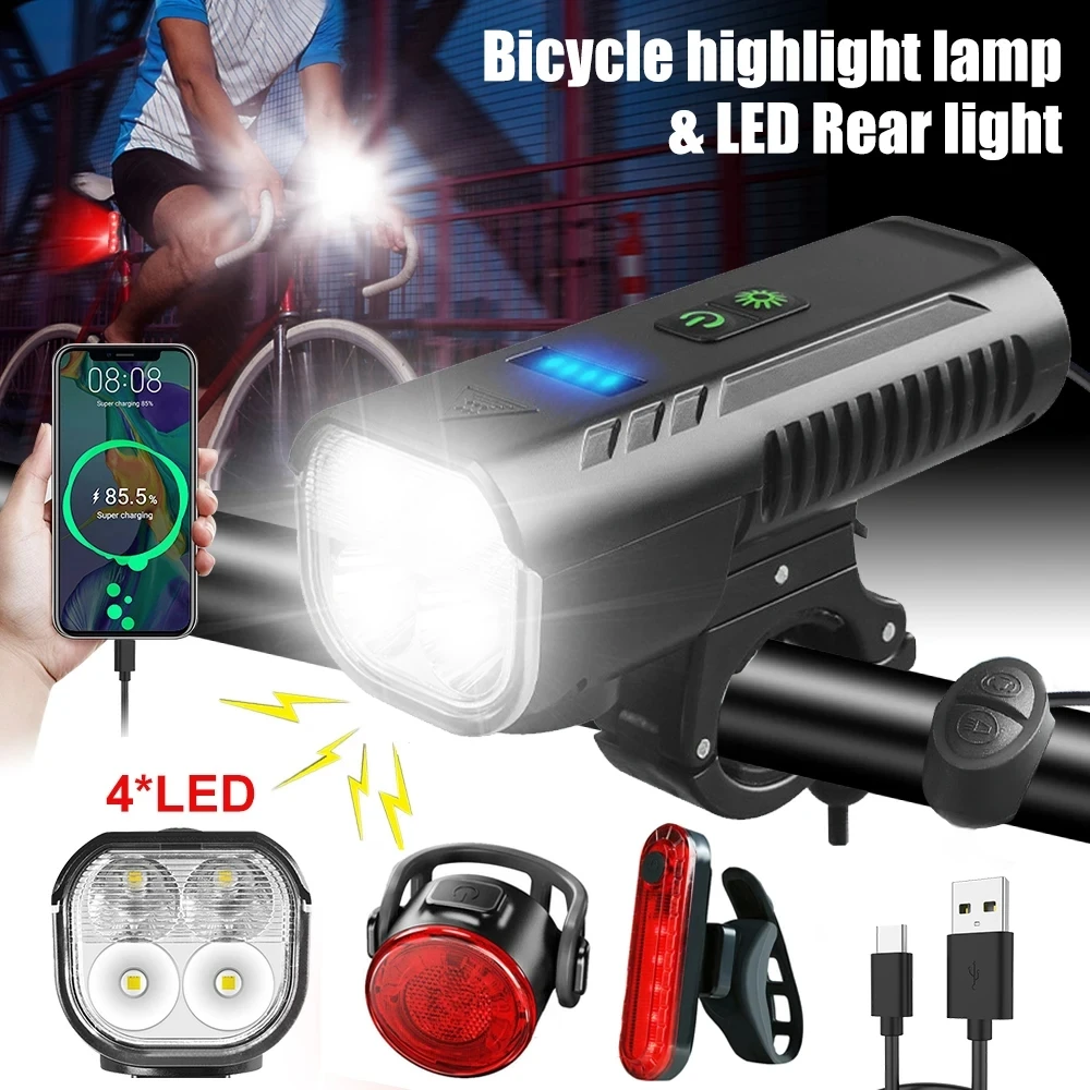 

5000mA Bicycle Headlight 4xHigh Brightness Bead MTB Road Bike Horn Light Dual Switch USB Rechargeable Cycling Lamp as Power Bank