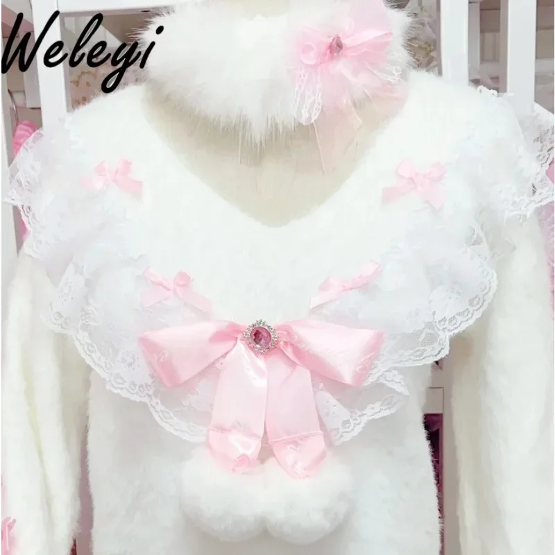 Sweet Lolita Sweater Knit Pullovers 2024 Winter Cute Women\'s Kawaii All Match Pink Bow Long Sleeve Thickened Sweater Jumper Top