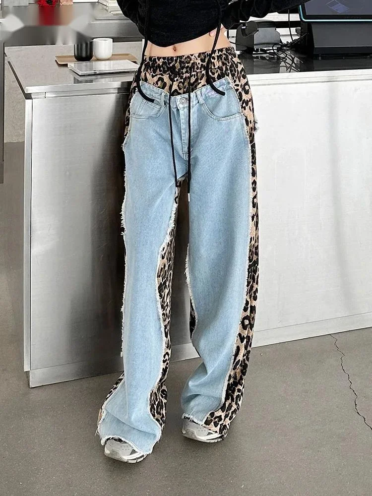 High Waist Leopard Print Denim Color-block Long Wide Leg Jeans New Women Trousers Fashion Tide Spring Autumn
