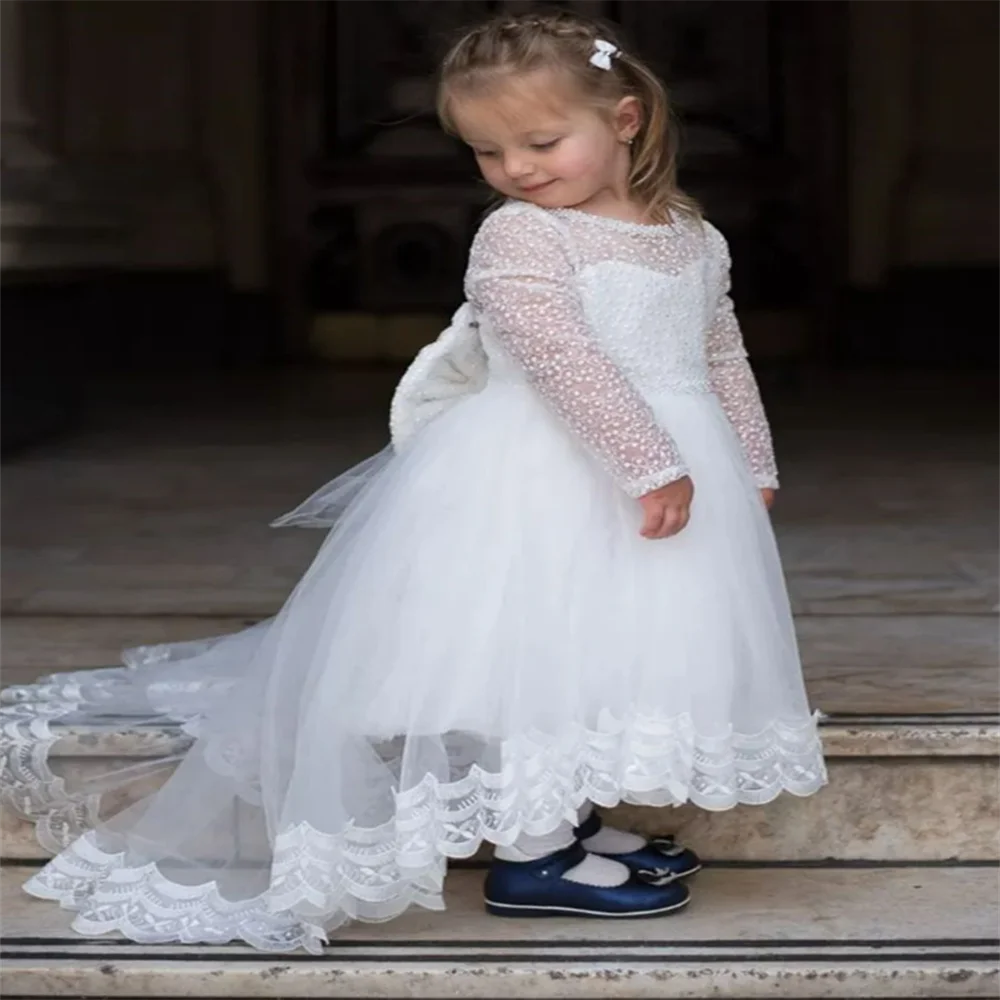 Abito da ragazza di fiori soffici in pizzo bianco abito da sposa con fiocco a maniche lunghe in Tulle abito da festa di compleanno per la prima comunione del bambino con fiore carino