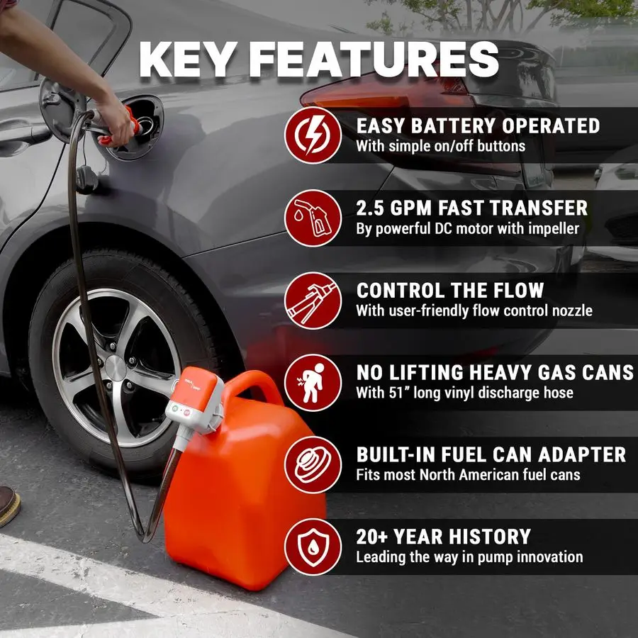 2nd Gen. Fuel Transfer Pump with High Flow Nozzle, 2.5 Gal Min, Universal Gas Can Adapter, AA x 4 Battery Powered, 4.2ft Extende