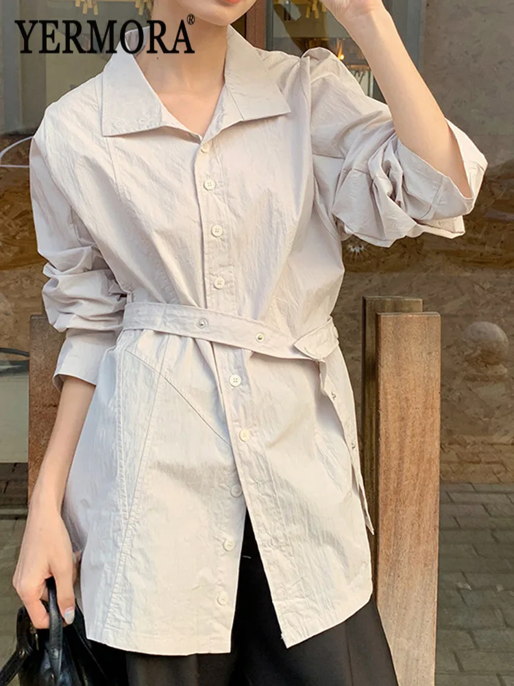 

YERMORA White Button Belted Big Size Casual Blouse For Women Lapel Long Sleeve Loose New Shirt Fashion Tide Spring Autumn 2026
