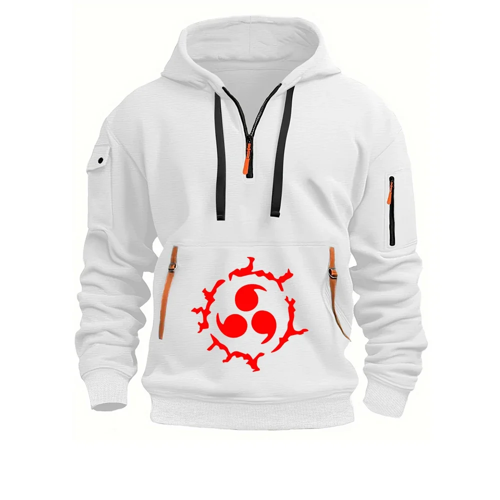 Naruto Sharingan Symbol Print Men Half Zip Tactical Hoodie Multi Pocket Sweatshirt Casual Streetwear Pullover