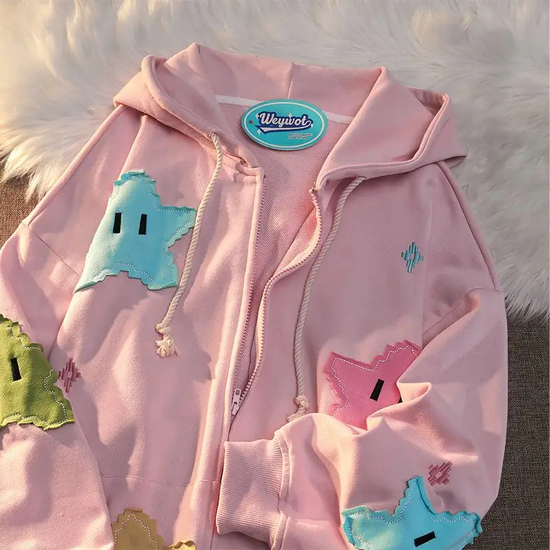 Cartoon Star Patch Cardigan Sweater Women\'s Spring New Fashion Kawaii Pink Couple Lazy Style Hooded Jackets Autumn Coat Clothes