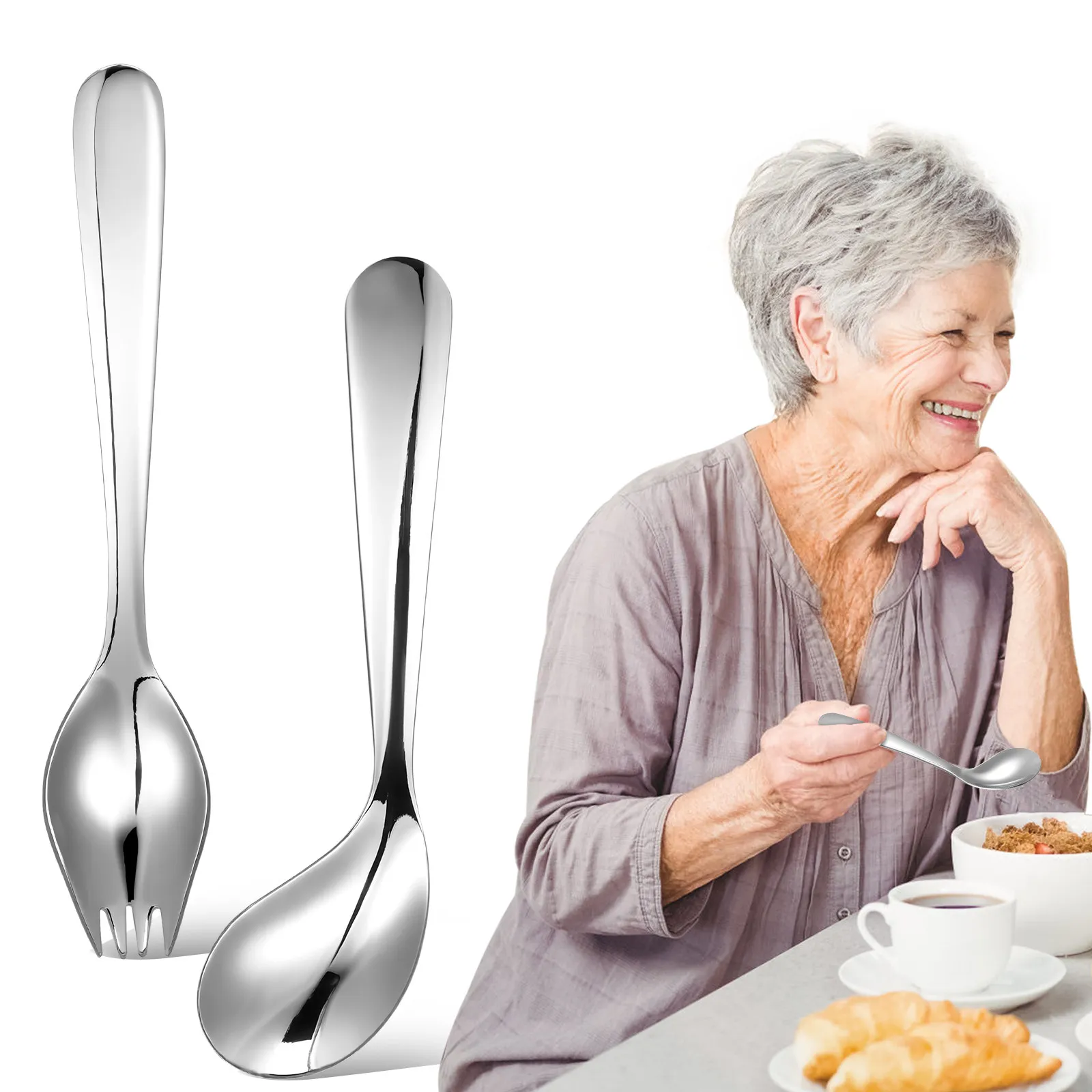 

Набор из 1 адаптивной ложки для самостоятельного питания из нержавеющей стали, изогнутая, для пожилых пациентов, для людей с артритом, столовые приборы