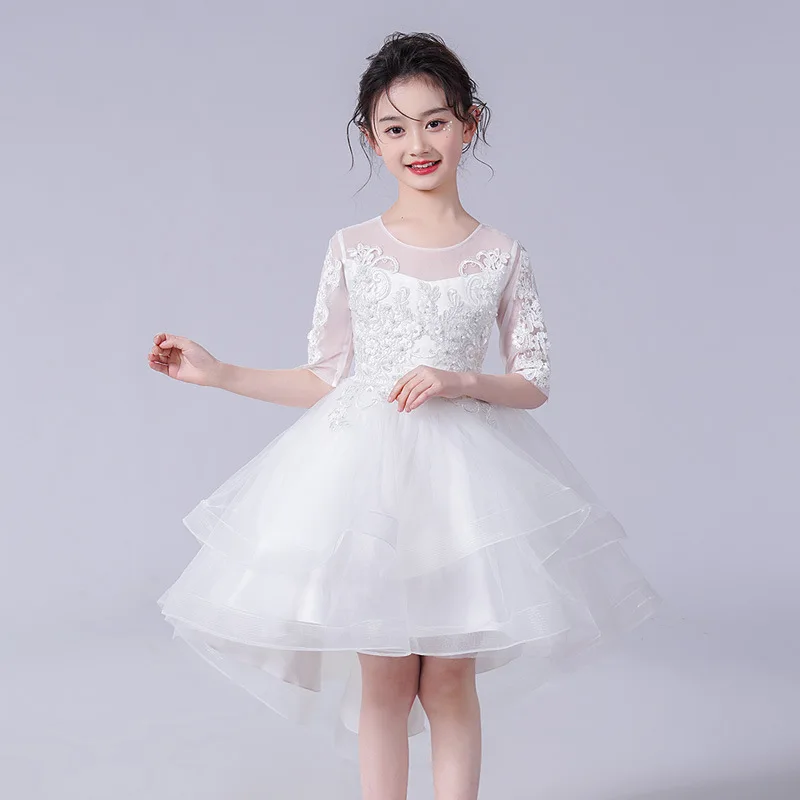 

Girls' Spring and Autumn Mesh Tail Dress Puff Dress Evening Gown Mid-Sleeve Host Dress Piano Performance Dress