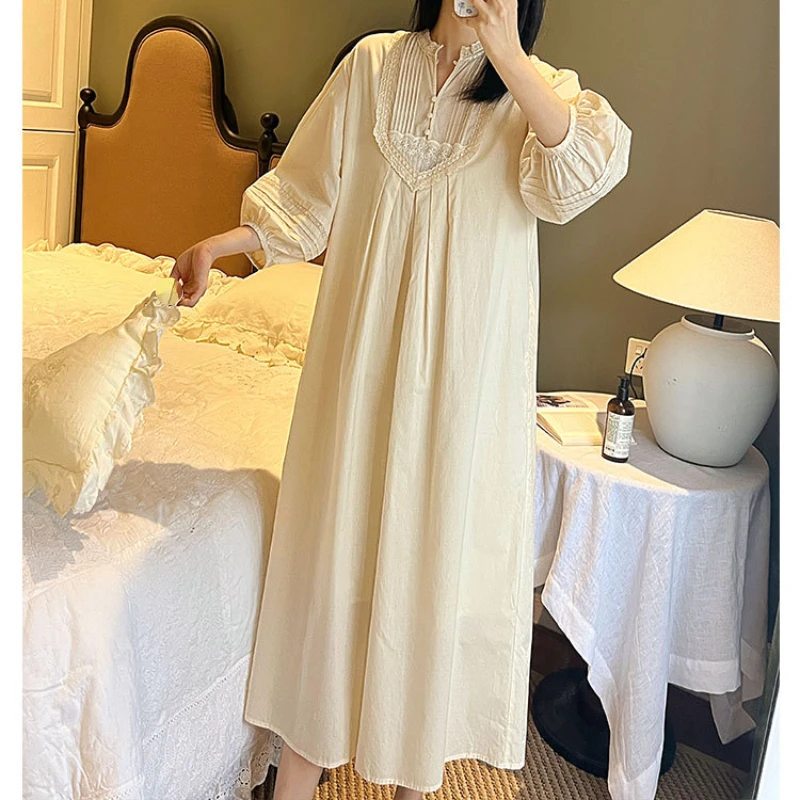 Vintage Pure Cotton Long Night Dress Women Spring Autumn Nightie Loose Robe Victorian Nightgowns Princess Sleepwear Nightdress