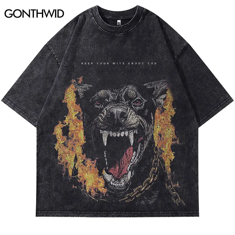 

Men Black T-Shirt Flame Doberman Dog Graphic Print Punk Gothic Tshirt Streetwear Hip Hop Washed Shirts 2024 Harajuku Loose Tops