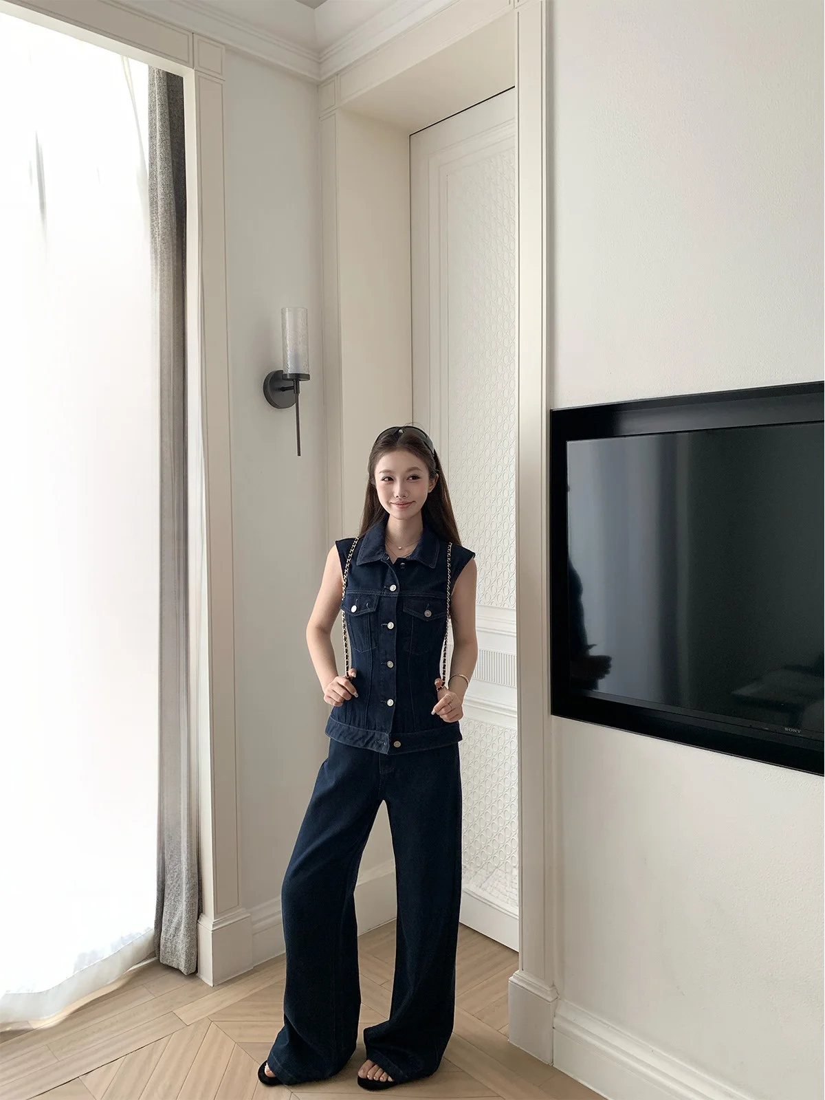 

Retro Sle Denim Crop Top And Wide Leg Pants Two Piece Set for Young Women Button Closure ort Sve round Ne Spring Wear