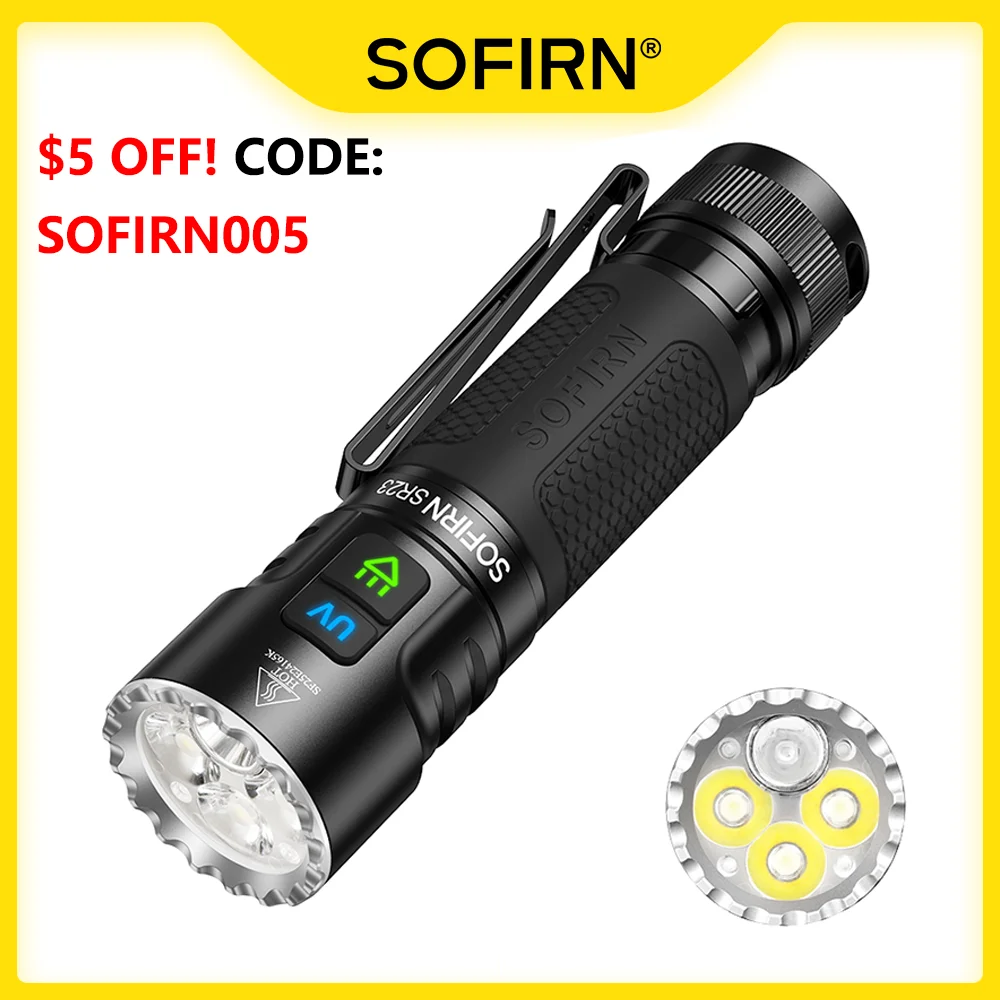 SOFIRN SR23 Dual Light Flashlight 3300lm White Floodlight & 365nm UV Light 21700 USB C Rechargeable EDC Lamp with Magnetic Tailc