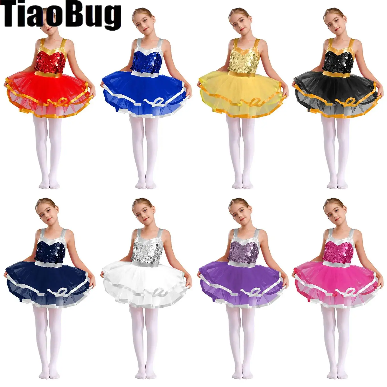 

Kids Girls Tutu Ballet Dresses Stage Performance Costume Sleeveless Color Block Sparkling Sequins Dance Dress