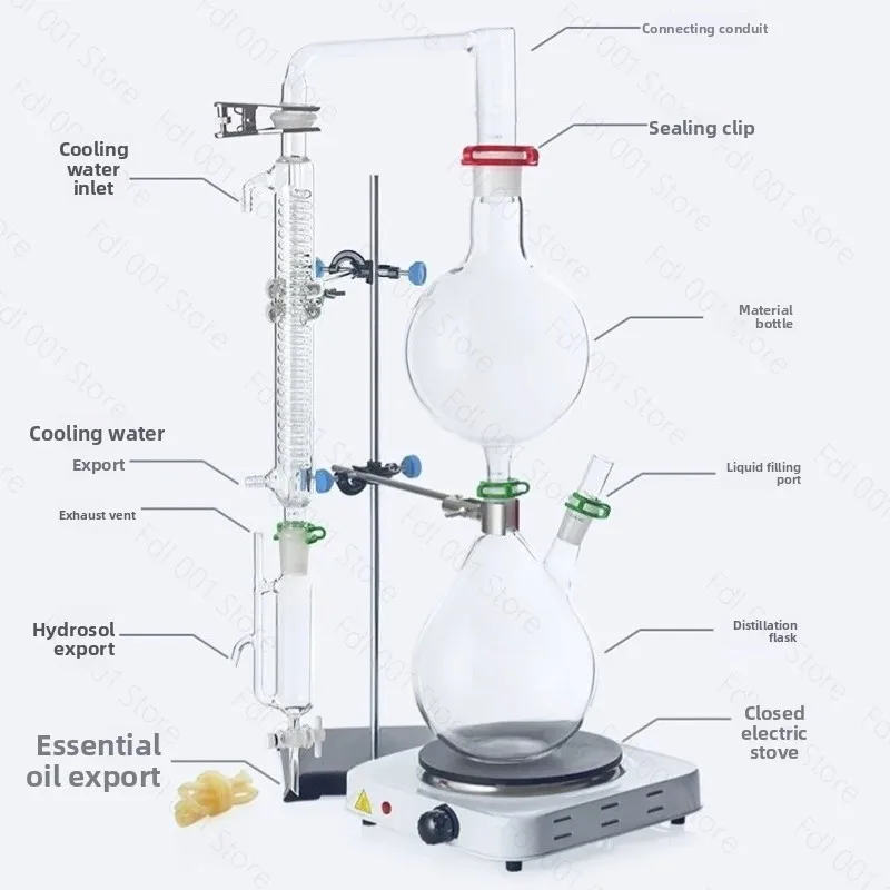 Steam Distillation Apparatus 1000 2000ml Glass Essential Oil Extractor Graham Condenser