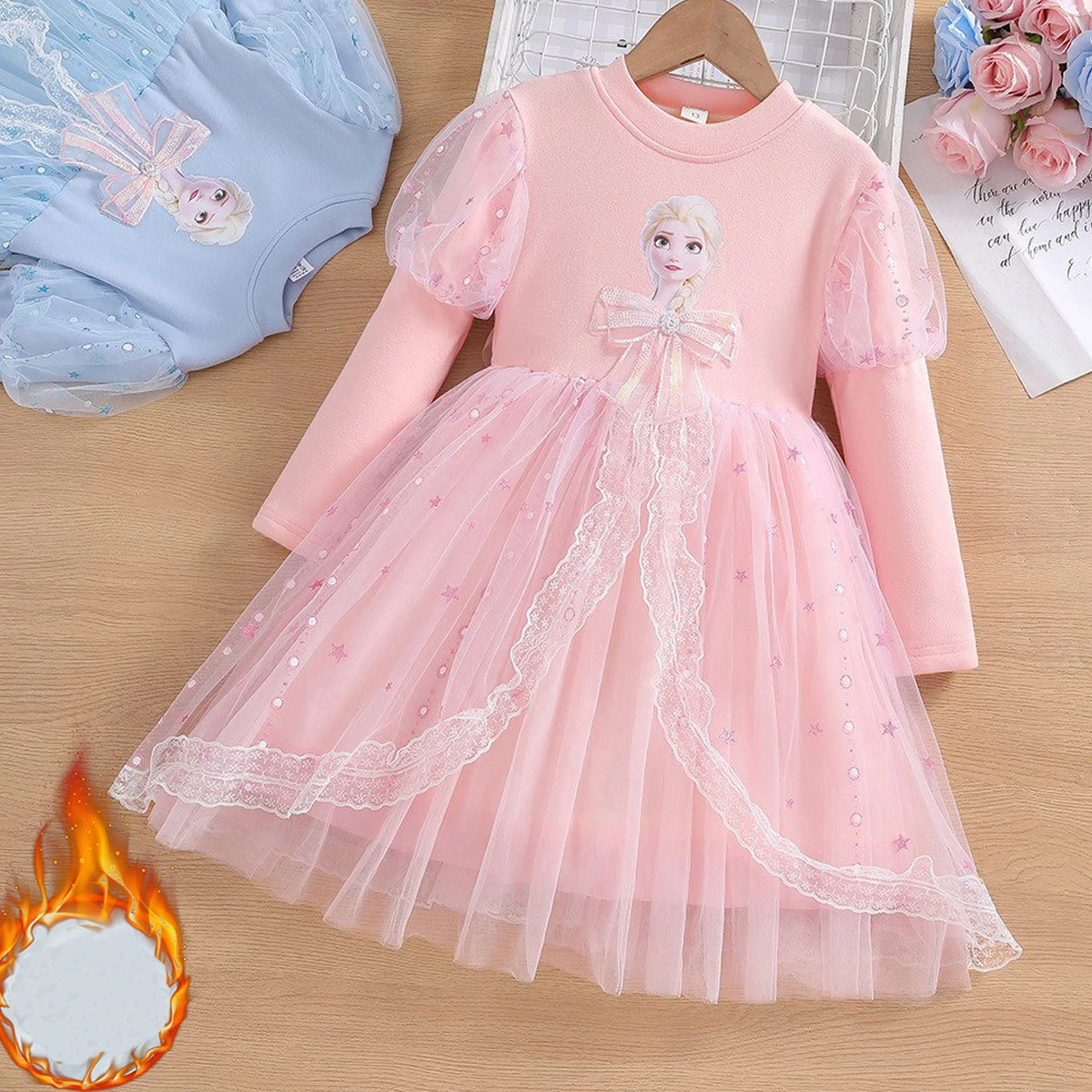 Elsa Kids Dress Party Long-sleeved Princess Dress Girls Dress Winter Plush Children\'s Western Style Frozen Formal Dress 2-8Y
