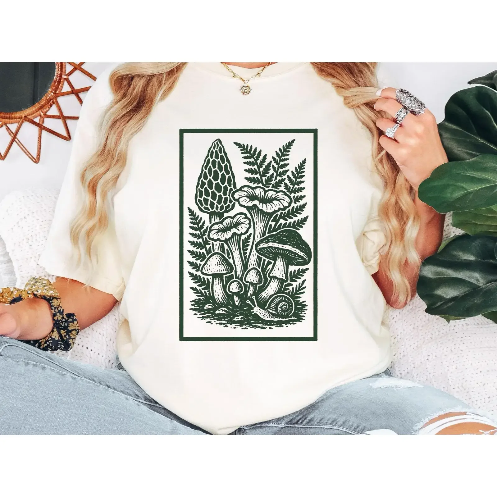 Mushroom PrinT T Shirt Vintage Linocut Fungi Design vintage Washed Stylish designer clothes Versatile streetwear Breathable