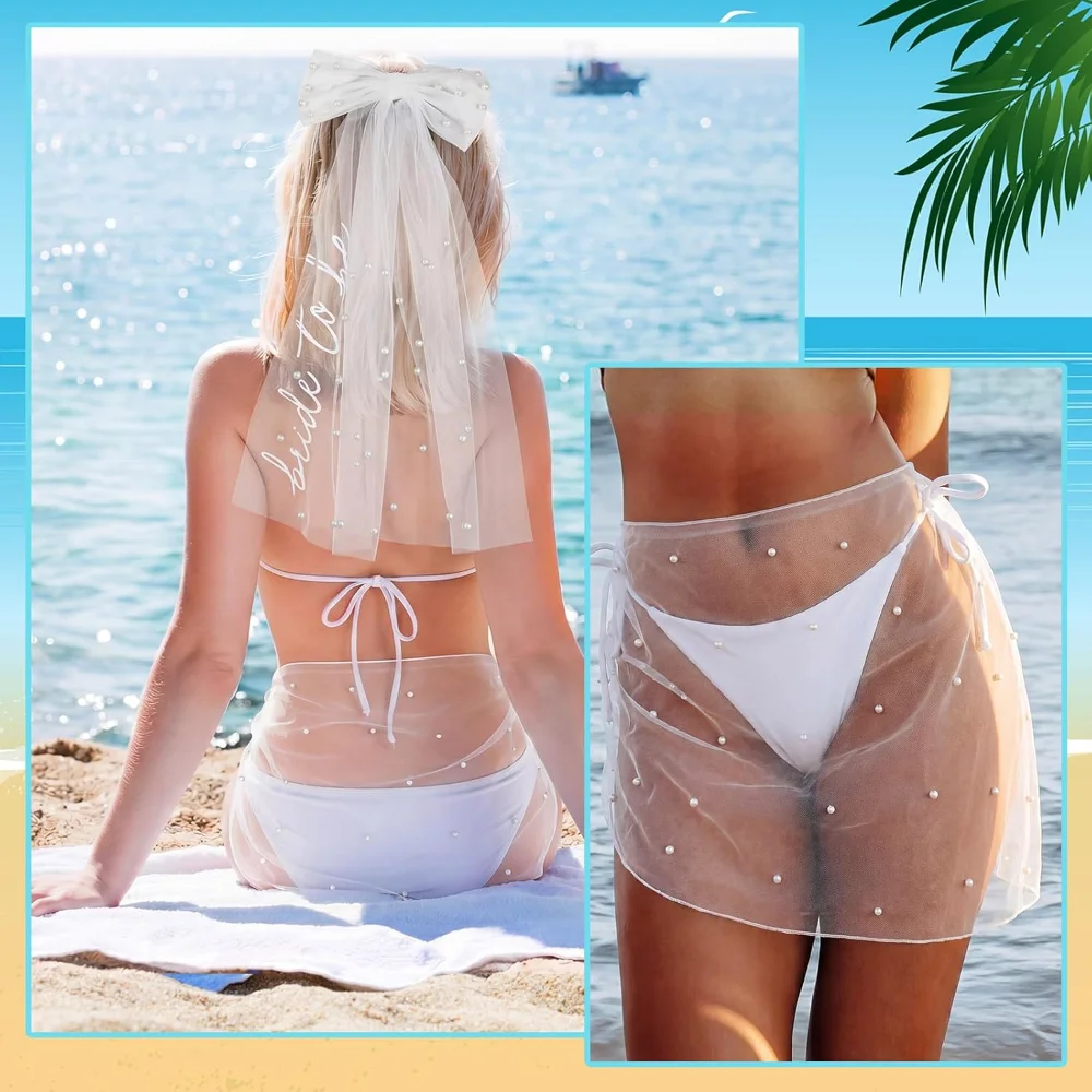 4-teiliges Braut-Accessoire-Set: Perlen-Sarong, Herz-Sonnenbrille, Schärpe, Tüllschleier für Junggesellinnenabschied und Brautparty-Dekoration – Detail 4