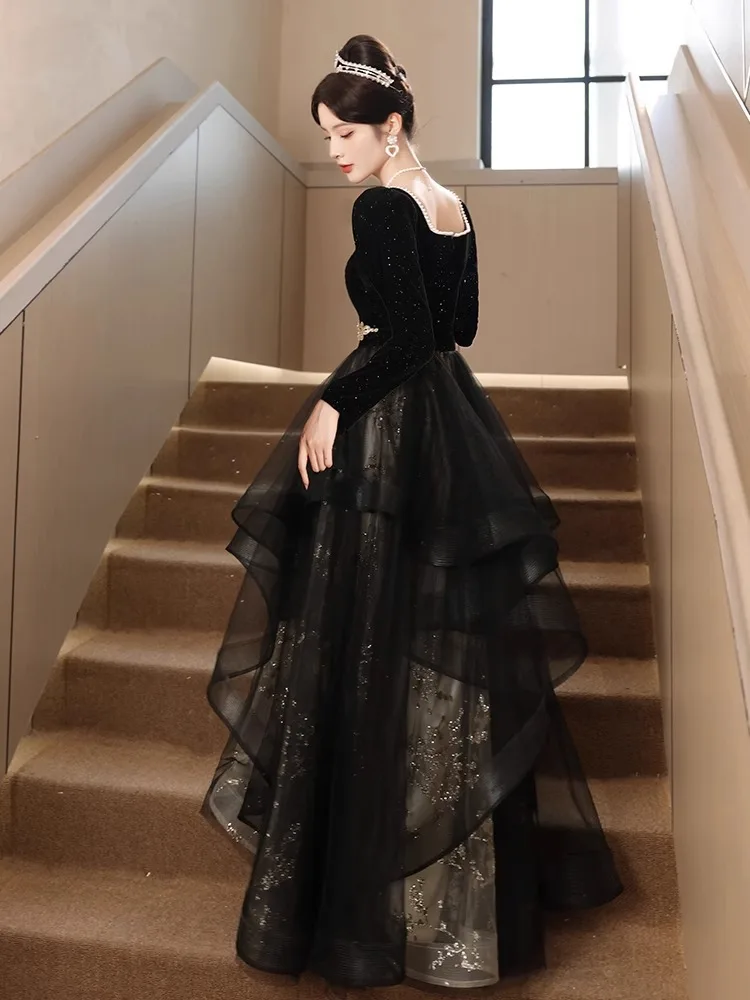 Elegancka sukienka wieczorowa z cekinami, długi rękaw, nowość 2025, damska, zimowa, dopasowana, rozkloszowana suknia balowa, klasyczna tiulowa sukienka z kwadratowym dekoltem.