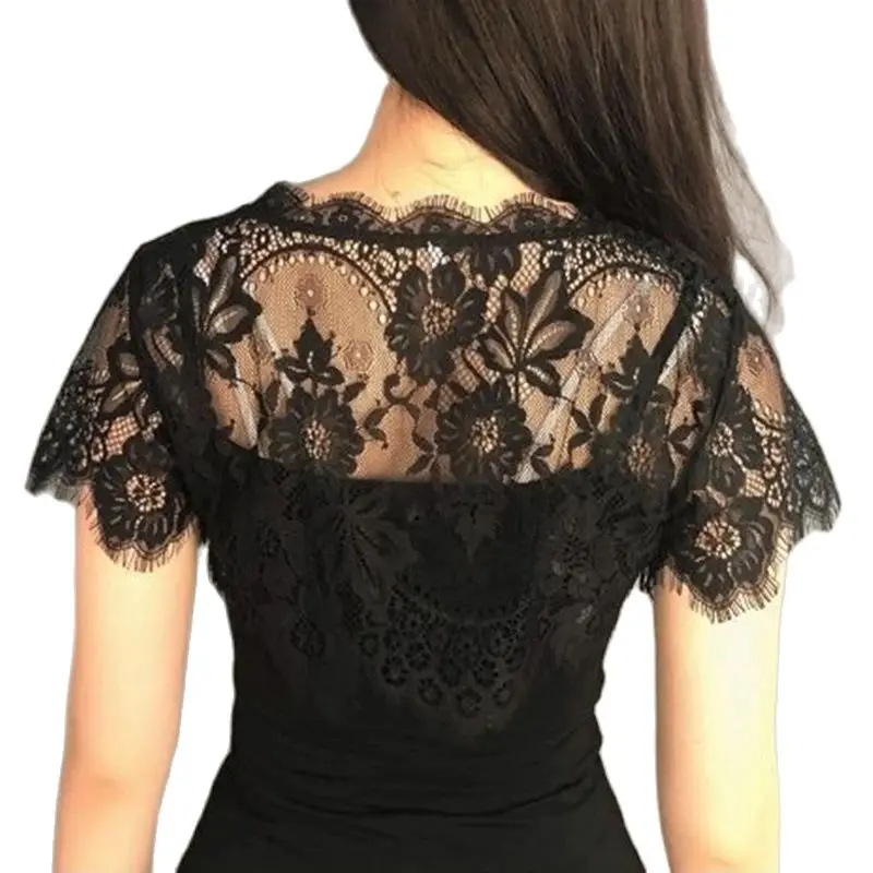 Women Blouses Summer Spring Transparent Lace Mesh Basic Long Sleeve Top Solid Color Embroidered Floral Lace Short Tops Shirt