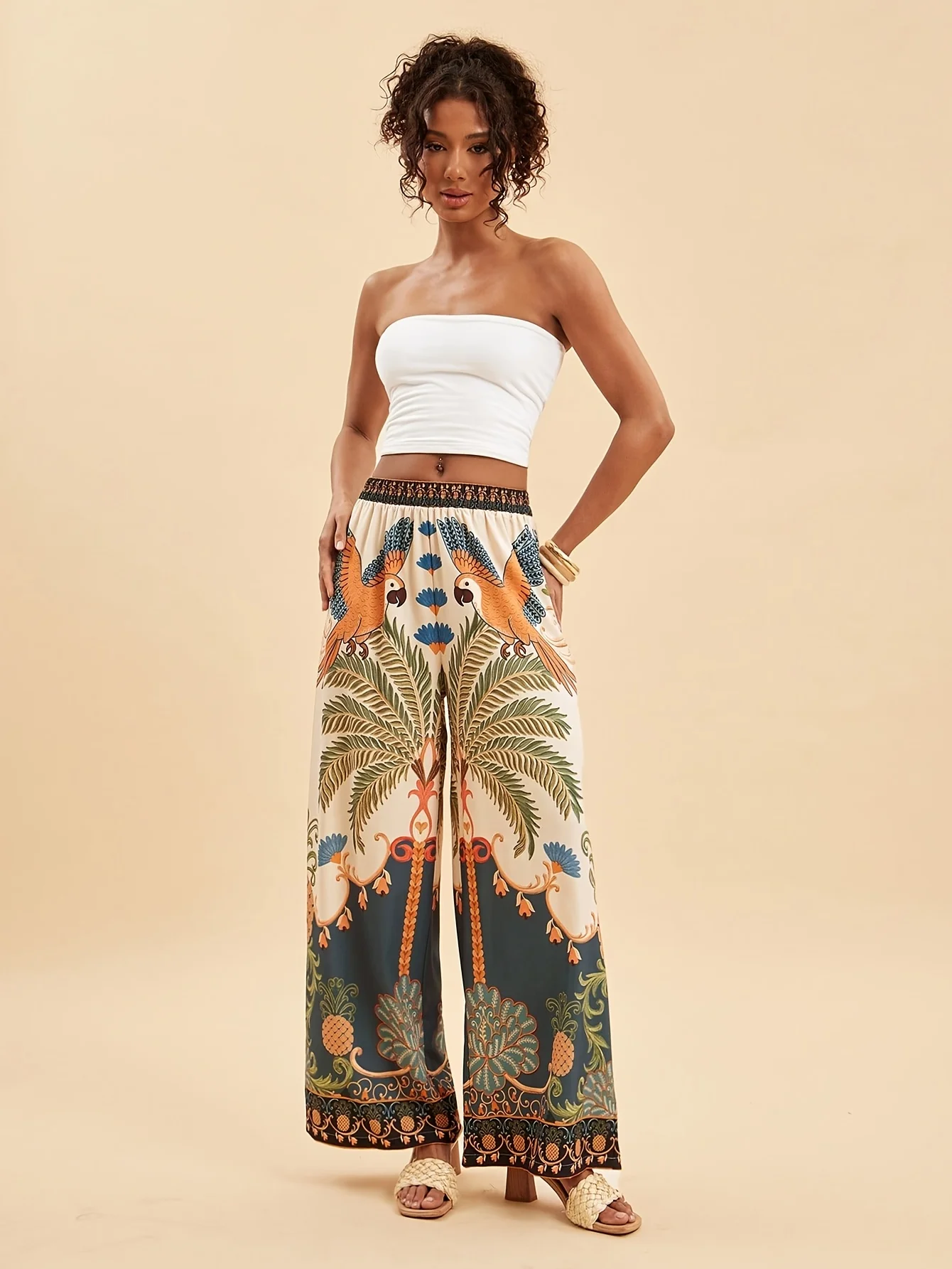 Bohemian-style Parrot and Palm Tree Print Wide-leg Pants for Women