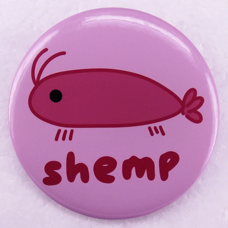 Alfileres de insignia de botón de camarón Meme, broche divertido, joyería rosa de 58MM