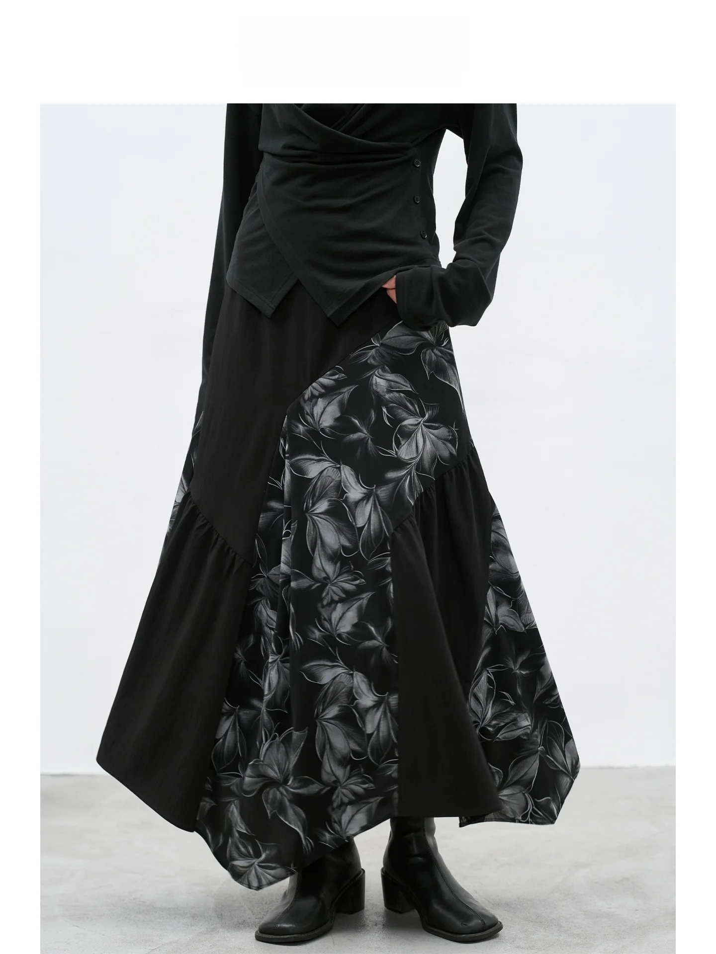 

EIGHTHMONTH August Black Grey Floral Leaf Patchwork Asymmetrical Slimming Retro Half-length Skirt High Waist A-line Casual