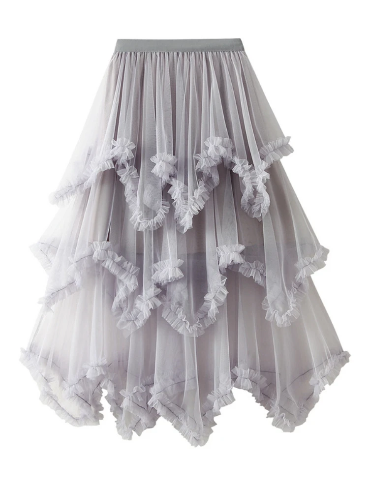 2024 New Fashion Women\'s Asymmetrical Tulle Ball Gown Skirt Casual Elegant High Waist Fairy Mesh A-line Skirts for Spring Summer