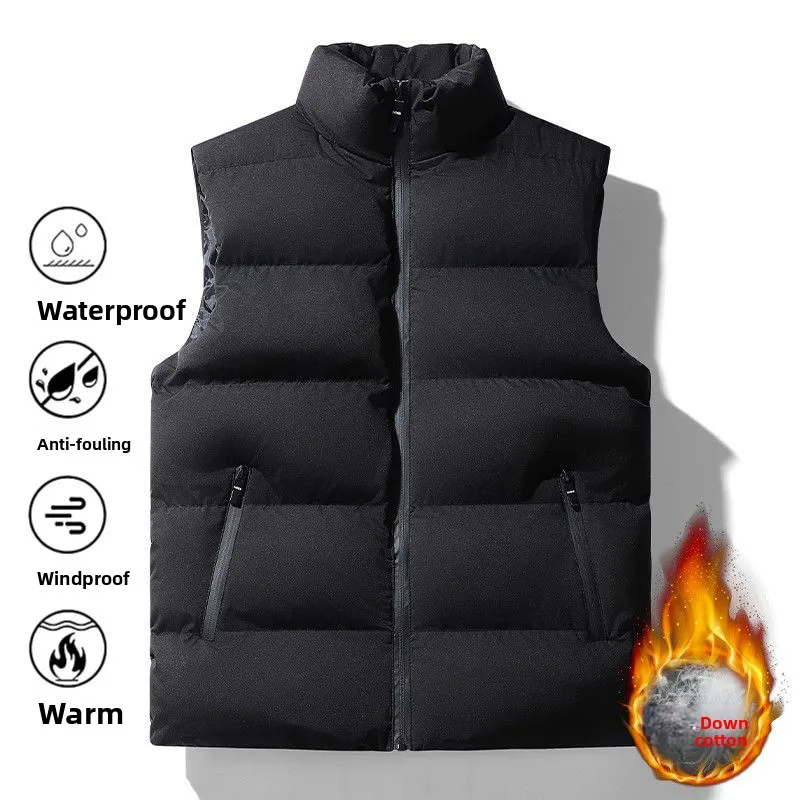 Thickened Fleece Autumn Winter Men's Casual Style down Vest Jacket Zipper Closure Stand Collar Loose Fit Outerwear